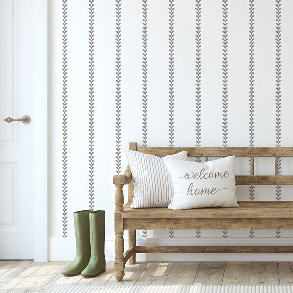tan country cottage stripe stencil on white walls in entryway